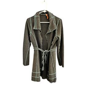 Anya SF Artisan Cardigan Boho Funky Green w/Blue Trim Lagenlook Size Small